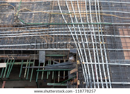 bird-view Construction site with concrete steels and workers