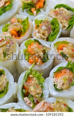 Fish and vegetables wrapped with noodles,Thai food