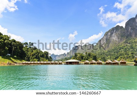 Small bungalow made Ã?Â¢??Ã?Â¢??of bamboo floating. Surrounded by mountains and water in Ratchaprapha Dam, Khao Sok National Park, Surat Thani Province, Thailand.