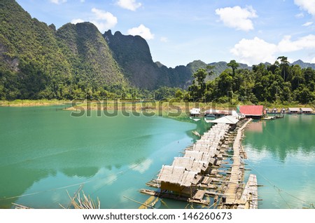 Small bungalow made Ã?Â¢??Ã?Â¢??of bamboo floating. Surrounded by mountains and water in Ratchaprapha Dam, Khao Sok National Park, Surat Thani Province, Thailand.