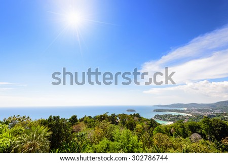 High scenic view beautiful landscape sun and sunlight on blue sky in summer over the sea at Hat Kata Karon or Three Beach Viewpoint in Phuket island, Thailand