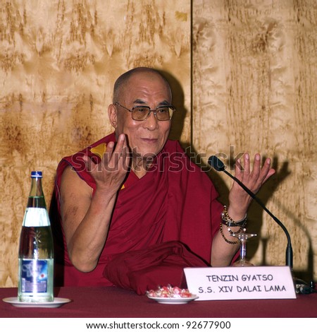 BARCELONA, SPAIN - SEPTEMBER 9: XIV Dalai Lama Tenzin Gyatso speaks in a conference on September 9, 2007 in Barcelona, Catalonia, Spain