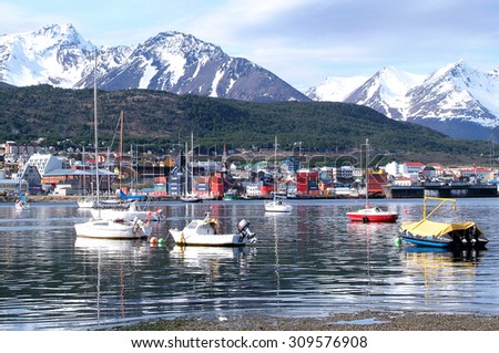 A view of Ushuaia, Tierra del Fuego. Boats line the harbor