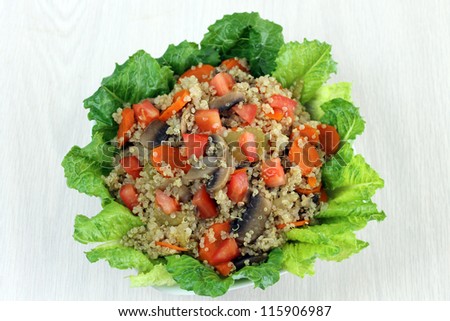 Quinoa Salad Overhead View with Carrots, Celery, Mushrooms, Tomato and Lettuce