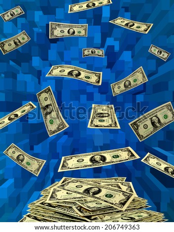 American dollars flying away on blue abstraction