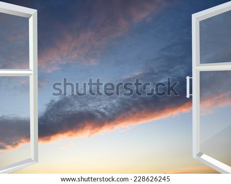 white window opened to the beautiful sunset