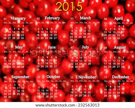 office calendar for 2015 year on the red cherry\'s background in English