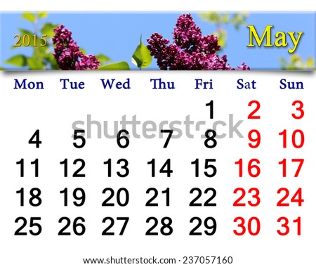 calendar for May of 2015 with flowers of lilac