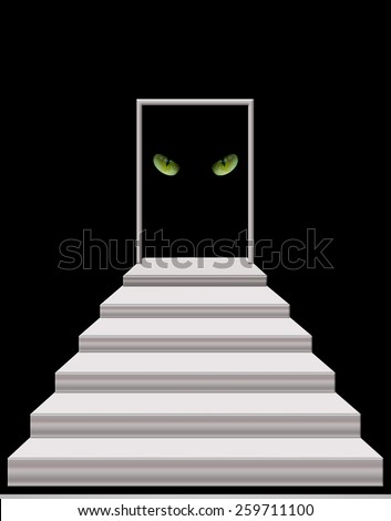 stairs leading to the door with intent cat\'s eyes in darkness