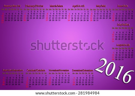 calendar for 2016 in English and French on lilac background with place for picture or advertising text