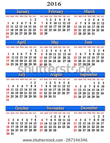 calendar for 2016 on the white background with blue lines