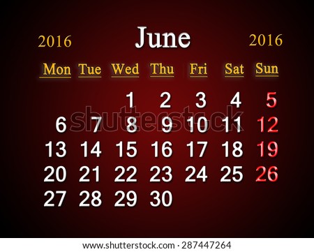 beautiful claret calendar on June of 2016. Calendar for printing and using in office life