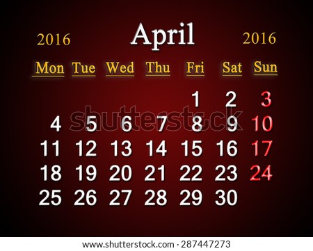 beautiful claret calendar on April of 2016. Calendar for printing and using in office life