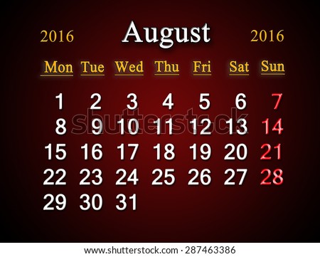 beautiful claret calendar on August of 2016. Calendar for printing and using in office life