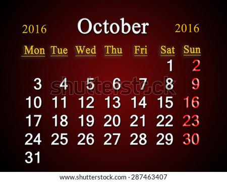 beautiful claret calendar on October of 2016. Calendar for printing and using in office life