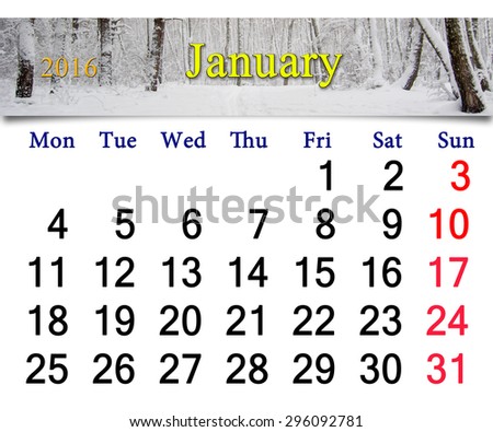 beautiful calendar for January of the next year with snowy birch forest