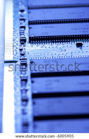 close up of a computer RAM memory in blue color.