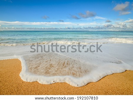 A gentle wave breaks on the beach on a sunny day in Kauai, Hawaii.