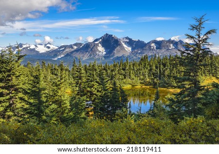 Spruce and hemlock trees are reflected in a mountain tarn on the Lost Lake Trail near Seward, Alaska.