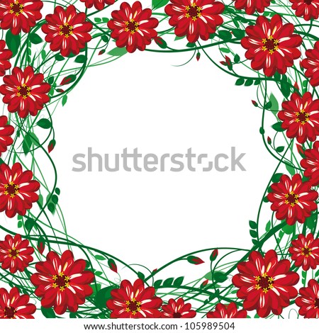 vector  frame of the beautiful red detailed flowers, buds, leaves, flexible twigs, with space for installation of text or image, isolated on white
