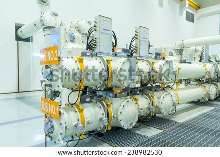 High voltage electric power 500 kV Gas Insulated Switchgear in control building (GIS)