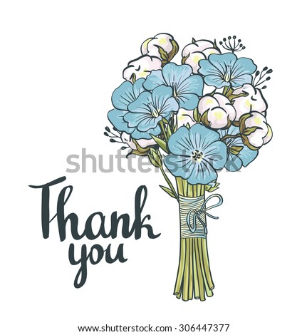 Hand drawn flax and cotton. Vector design isolated on white background. Thank you card.