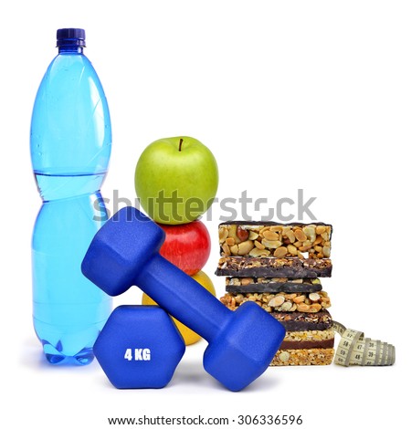 Blue fitness dumbbells, PET bottle with drinking water,apples and muesli bars isolated on white