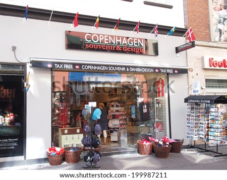 COPENHAGEN - JUNE 9: Copenhagen tax-free souvenir shop serving and tourists in Copenhagen, Denmark on June 9, 2014. The shop is located along the 1111 meters long pedestrian street in Copenhagen.