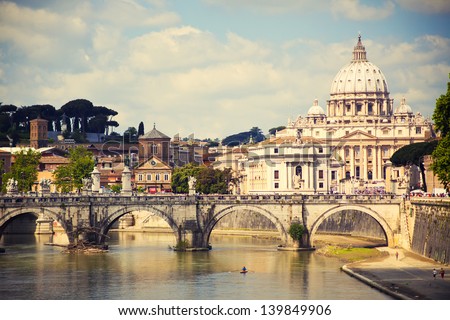 View of Saint Peter cathedral and bridge Saint Angel Rome Italy View of Saint Peter cathedral and bridge Saint Angel Rome Italy