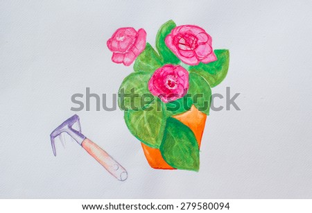 water color painting photo of leaf and rose flower in vase on paint paper