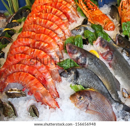 Frozen seafood in fornt of restaurant