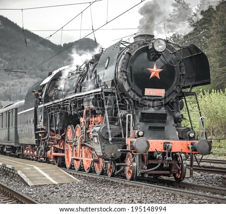 RUZOMBEROK, SLOVAKIA - APRIL 25: Old steam locomotive ALBATROS at train station on April 25, 2014 in Ruzomberok