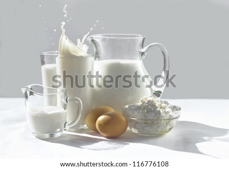 Milk, Eggs and Cottage Cheese on White Background