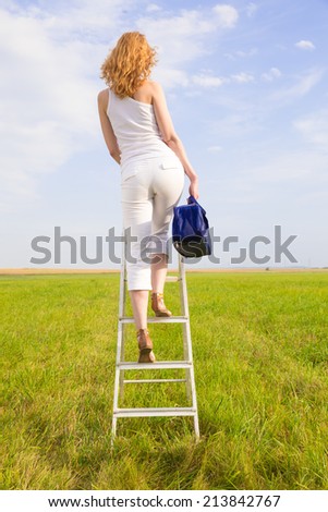 redhead woman with blue bag out of the sky on ladder in the field