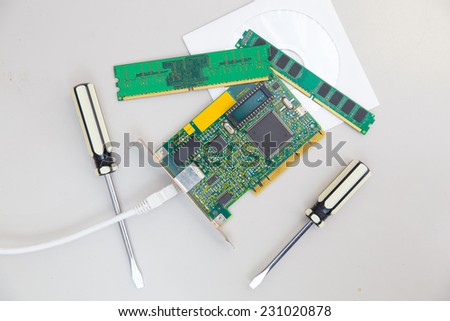 network card with cable, two screwdrivers, RAM and disk