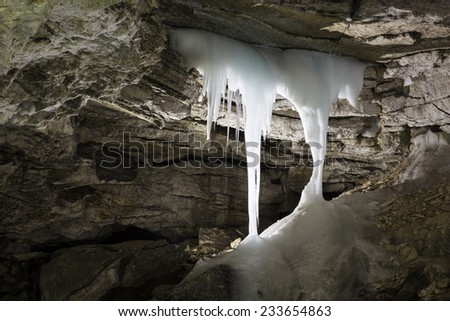 Kungur, Russia - November 25, 2014. Kungur Ice Cave. Ice stalactite cave