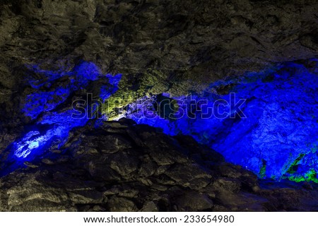Kungur, Russia - November 25, 2014. Kungur Ice Cave. Blue lights in the cave walls Underwater