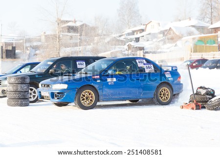 Dobryanka, Russia - February 7, 2015. Urban ice race. Sports car before the start of ice racing