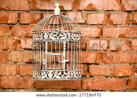 vintage bird cage hanging on  brick wall