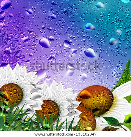 Illustration of flowers in water drops
