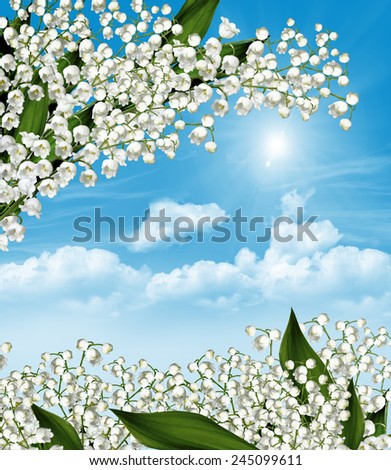 The branch of white flowers lily of the valley on a background of blue sky with clouds