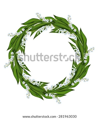 The branch of lilies of the valley flowers isolated on white background. round frame