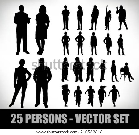 fifty silhouettes people set, business men and women, children and others