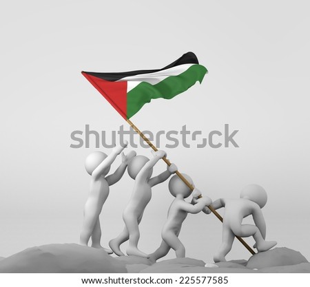 four characters raising a palestine flag, imitating historical scene iwo jima