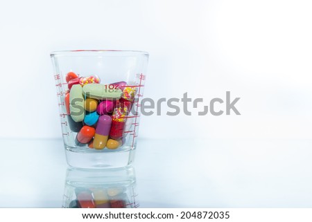 Many colorful pills in a cup of glass