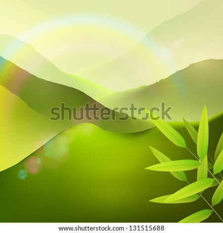 Green nature landscape with mountains, bamboo leaves, lens flares and rainbow. Vector design background