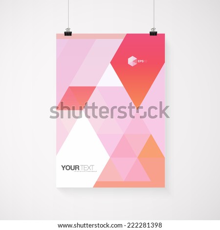 A4 / A3 format poster design with your text, minimal abstract triangles background, paper clips and shadow Eps 10 stock vector illustration