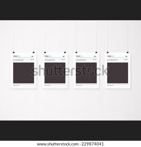 A4 / A3 format posters with minimal abstract design with your text, paper clips and shadow  Eps 10 stock vector illustration