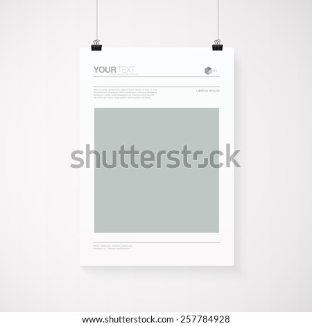 A4 / A3 format poster minimal abstract design with your text, paper clips and shadow  Eps 10 stock vector illustration