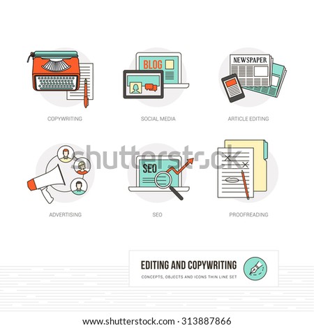 Editing, copywriting and journalism concepts, thin line icons and objects set